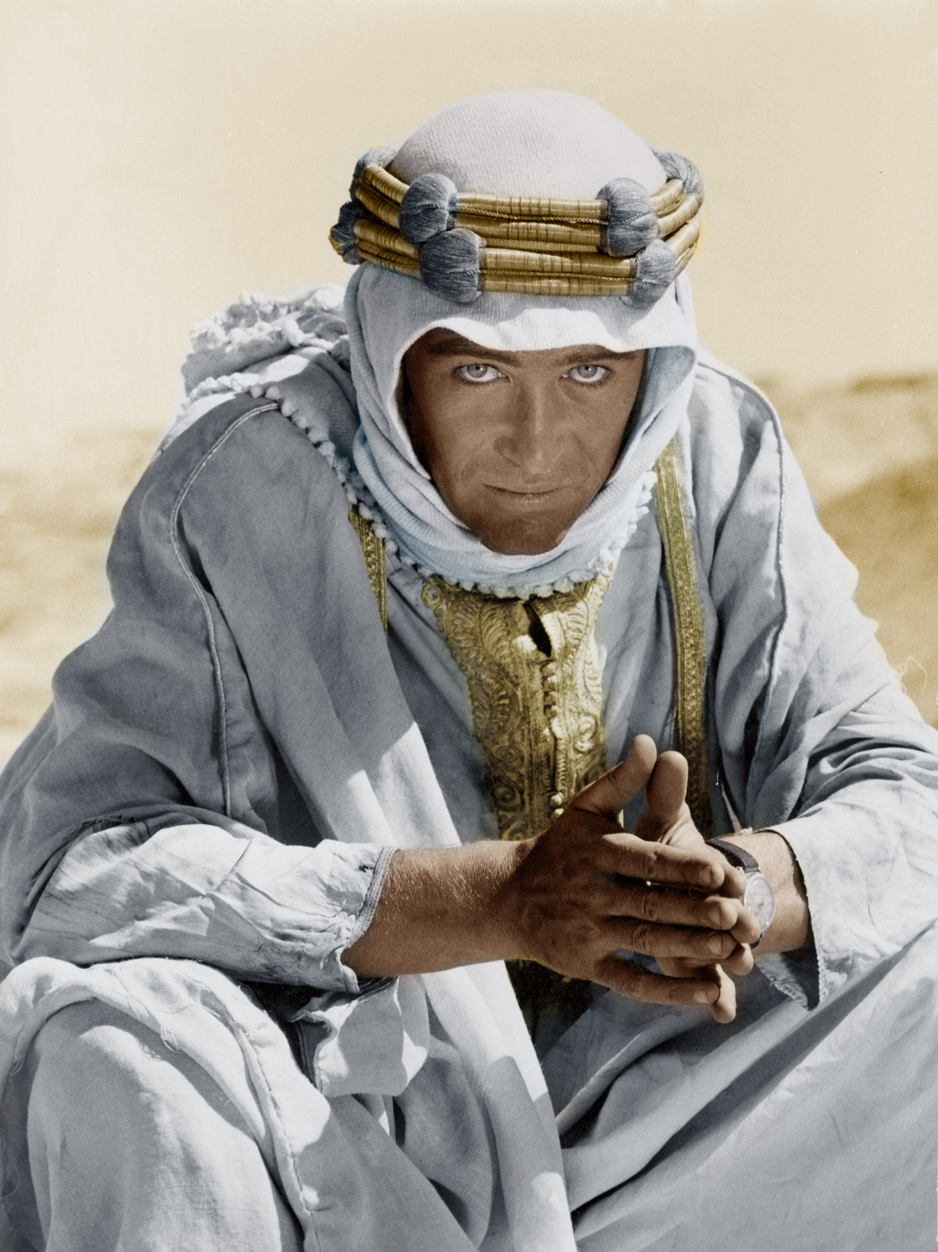 Peter O’Toole caracterizado como T. E. Lawrence en el rodaje de Lawrence de Arabia.