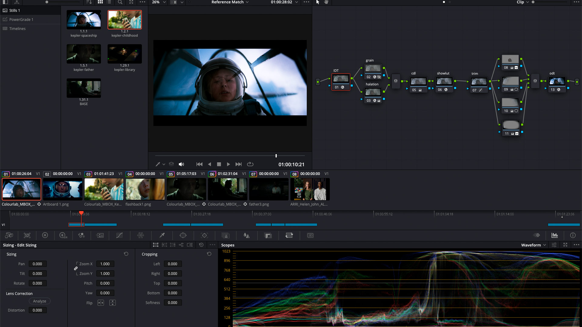 Árbol de nodos en DaVinci Resolve para el diseño de una LUT — cadena IDT, grano, halación, CDL, showlut, trim y ODT.